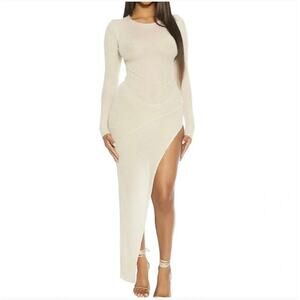 Naked Wardrobe Long Sleeve High Slit Mesh Bodycon Maxi Dress Tan Size Small New